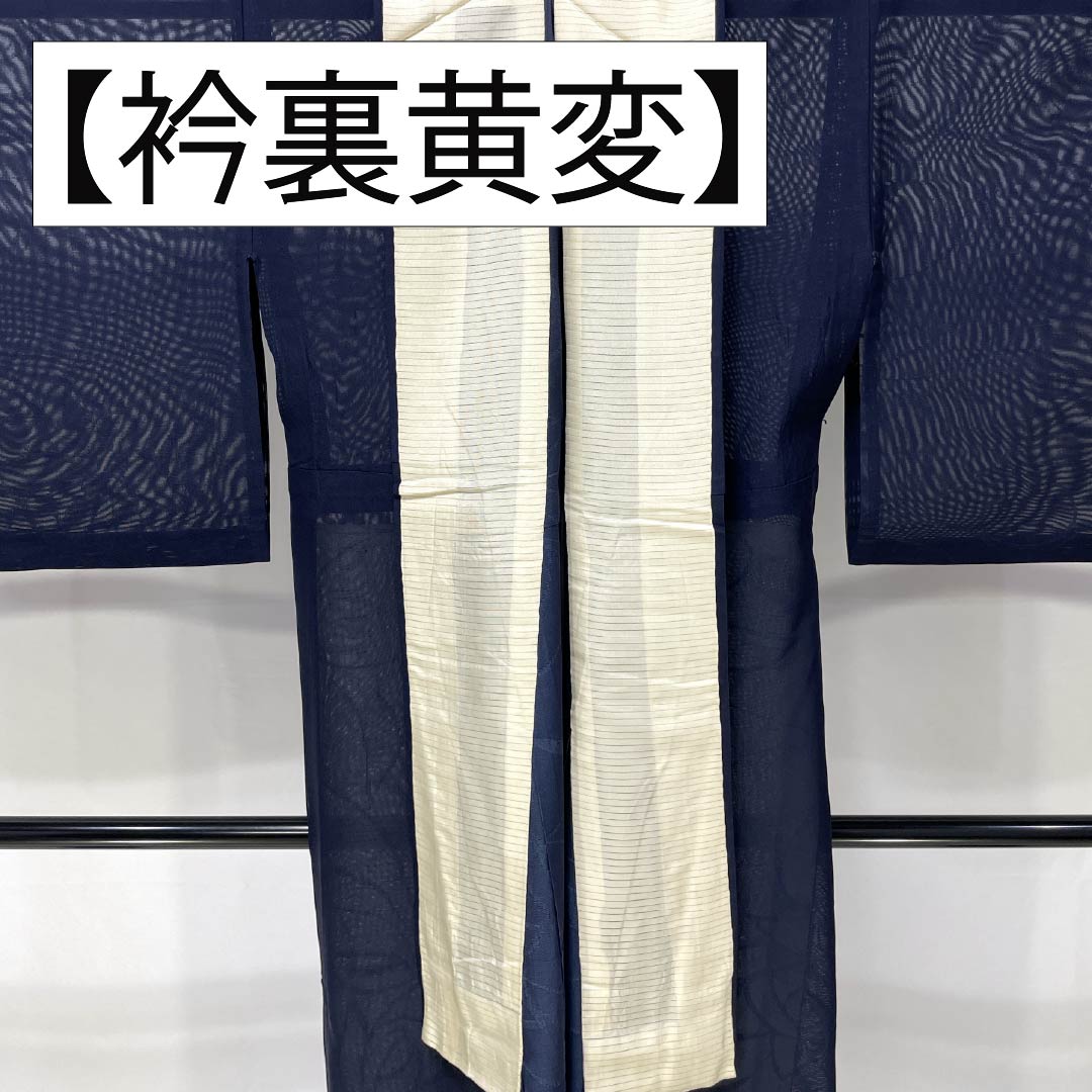 夏物 正絹 色無地 Bランク 身丈154.5cm 裄丈62.5cm 濃紺色（のうこんいろ） 草花模様 紗 紺系 1132004334218
