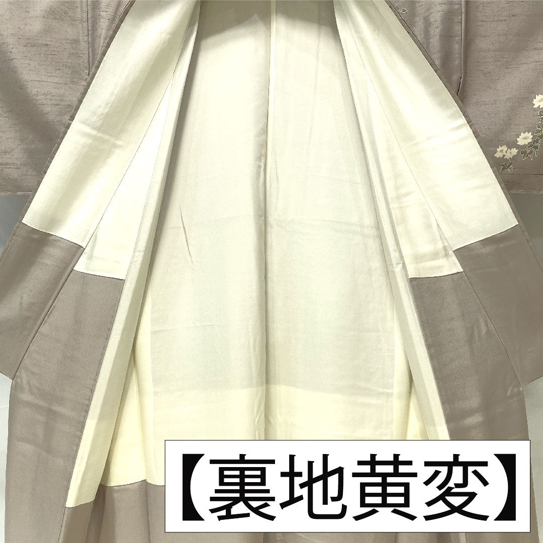 訪問着 正絹 袷 身丈151.5cm 裄丈61cm 鈍紫色（にびむらさきいろ） 紬地 牛首紬 草花模様 Sランク 紫系 1112005332220