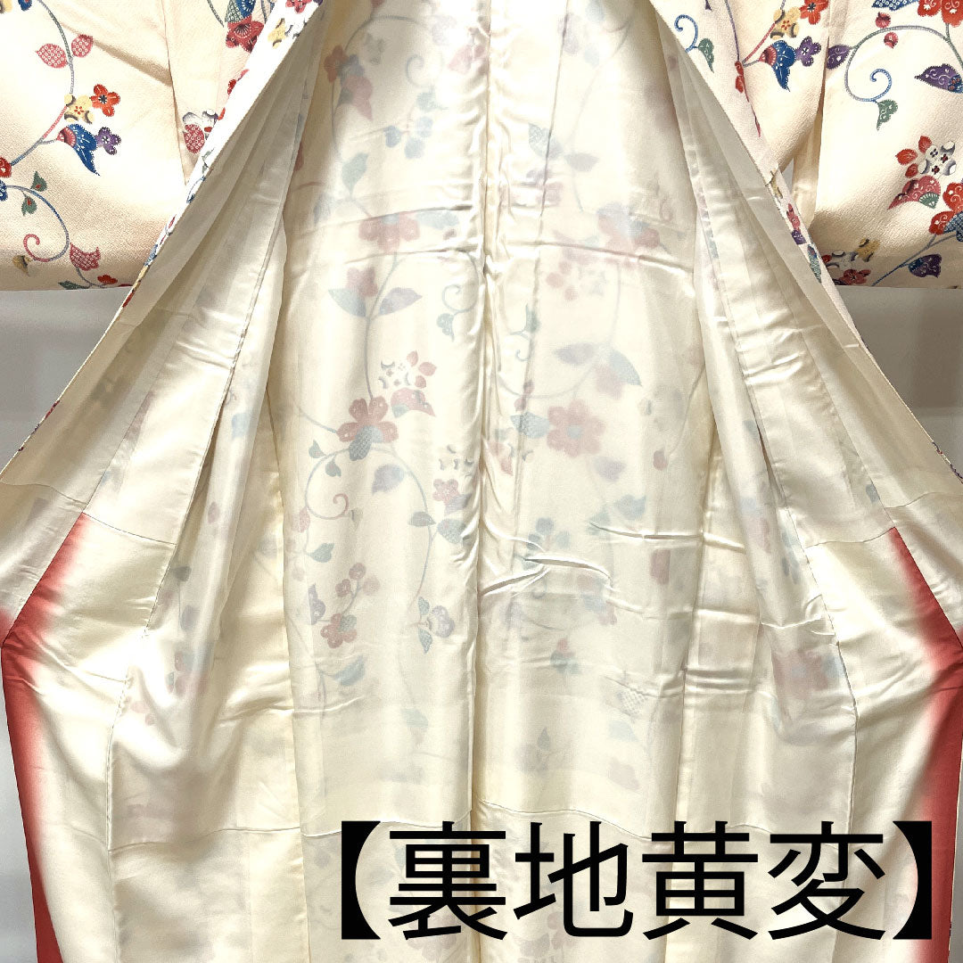 小紋 身丈161cm 裄丈64cm 袷  練色 草花模様  正絹 Aランク クリーム系 1115003123415