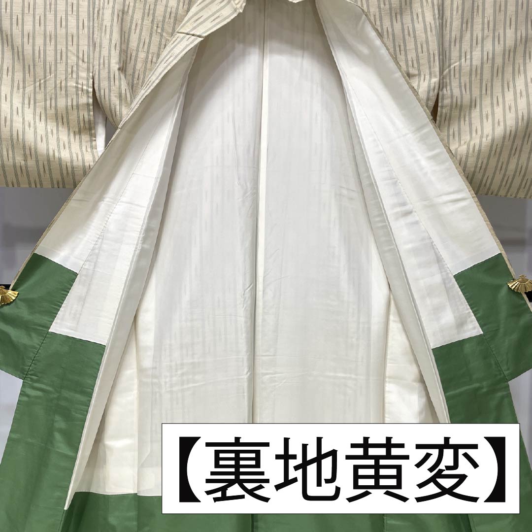 紬 正絹 Aランク 身丈171cm 裄丈68cm 鳥の子色（とりのこいろ） 真綿紬 縞 絣 袷 ベージュ系 1116004233625