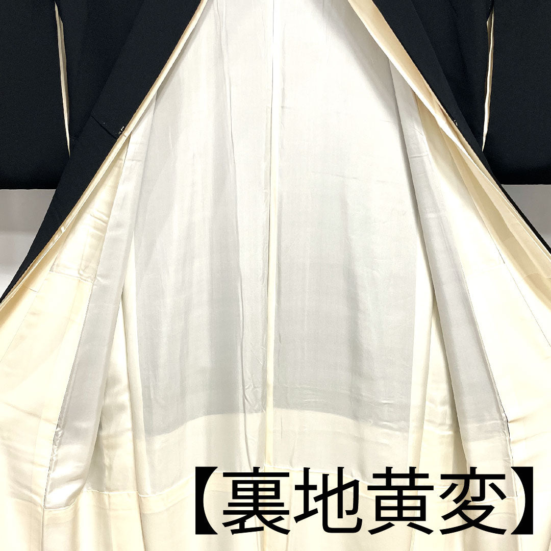 Black formal kimono, length 162cm, sleeve length 64cm, lined, by an artist, auspicious motif, quince, pure silk, A rank, five crests, black, 1111000533410