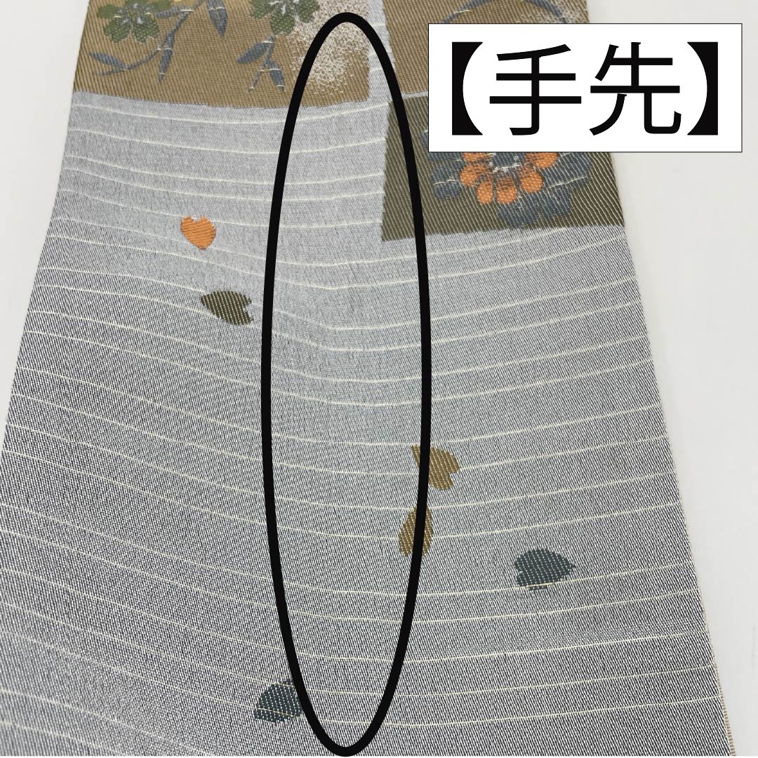 半幅帯 ポリエステル 帯丈440cm 水銀色（すいぎんいろ） 古典柄 花柄 長尺 グレー系 Sランク 1125001522422