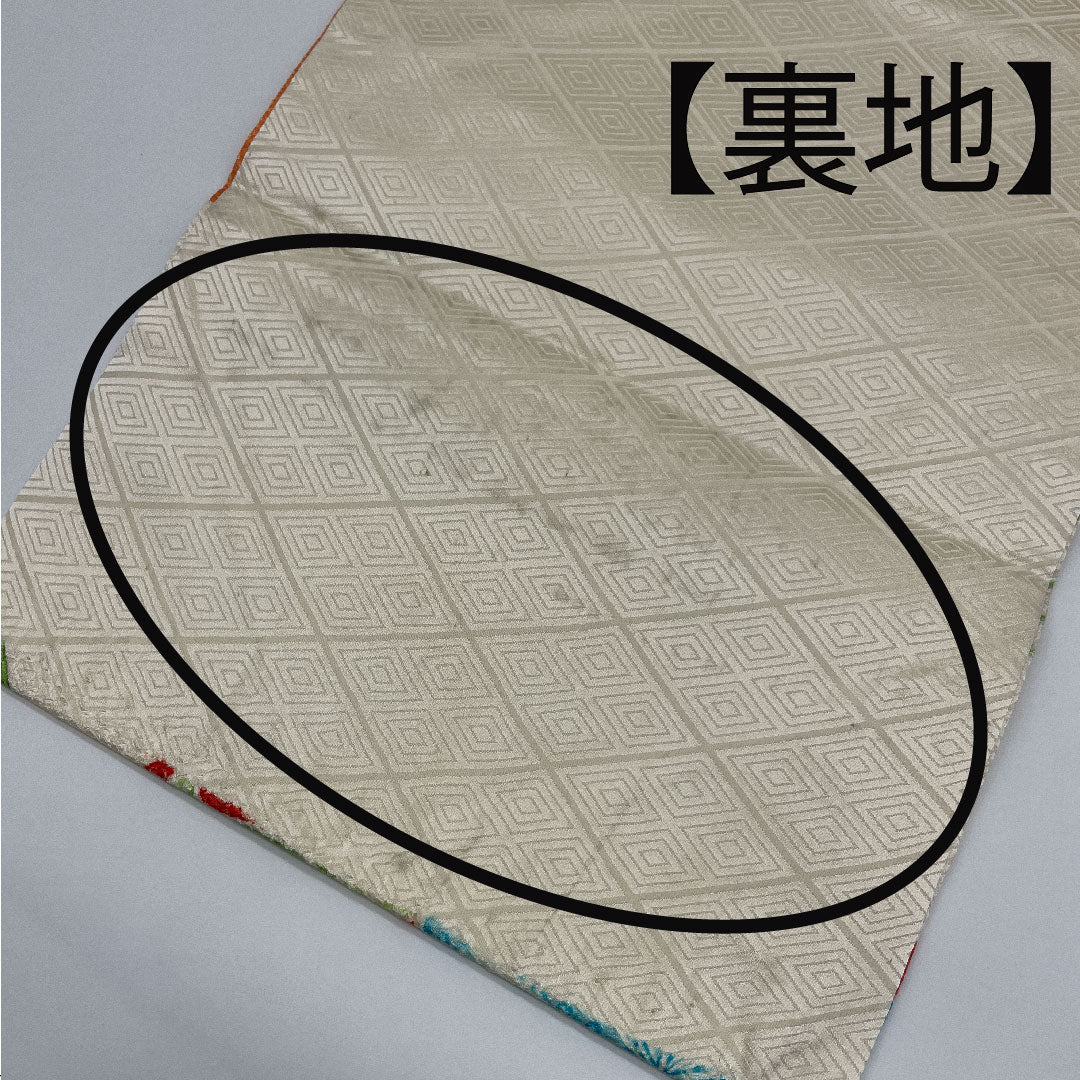 名古屋帯 縮緬 桜 楓 扇 絞り帯丈374cm 正絹 Aランク 六通 カジュアル 白系 1124001663311  名古屋仕立て