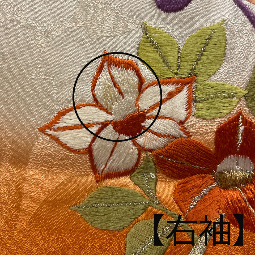 振袖 身丈157.5cm 裄丈63cm 袷  刺繡 花模様  正絹 Bランク 朱系 1113000754316
