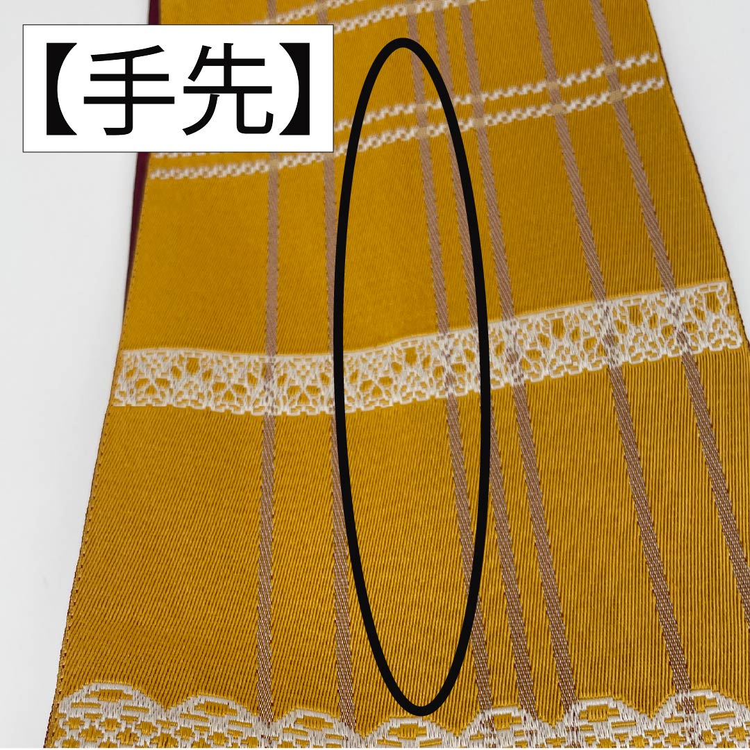 半幅帯 ポリエステル 帯丈386cm 雄黄色（ゆうおういろ） レース模様 格子模様 赤紫色（あかむらさきいろ） ドット 幾何学模様 黄系 Sランク 1125001472323
