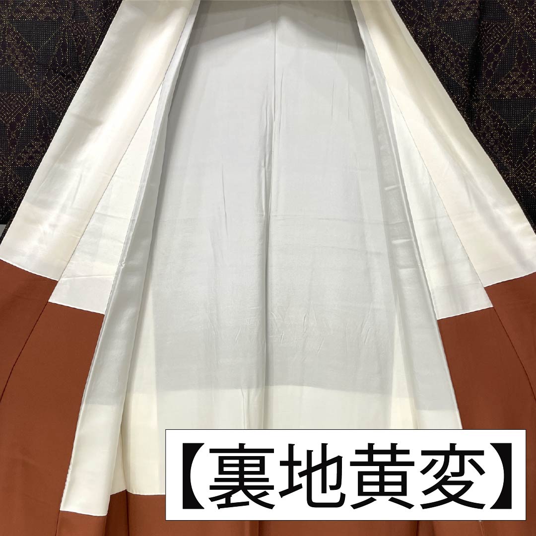 紬 正絹 身丈152cm 裄丈62cm 桃尻色（ももじりいろ） 幾何学模様 Aランク 袷 黒系 1116003763210