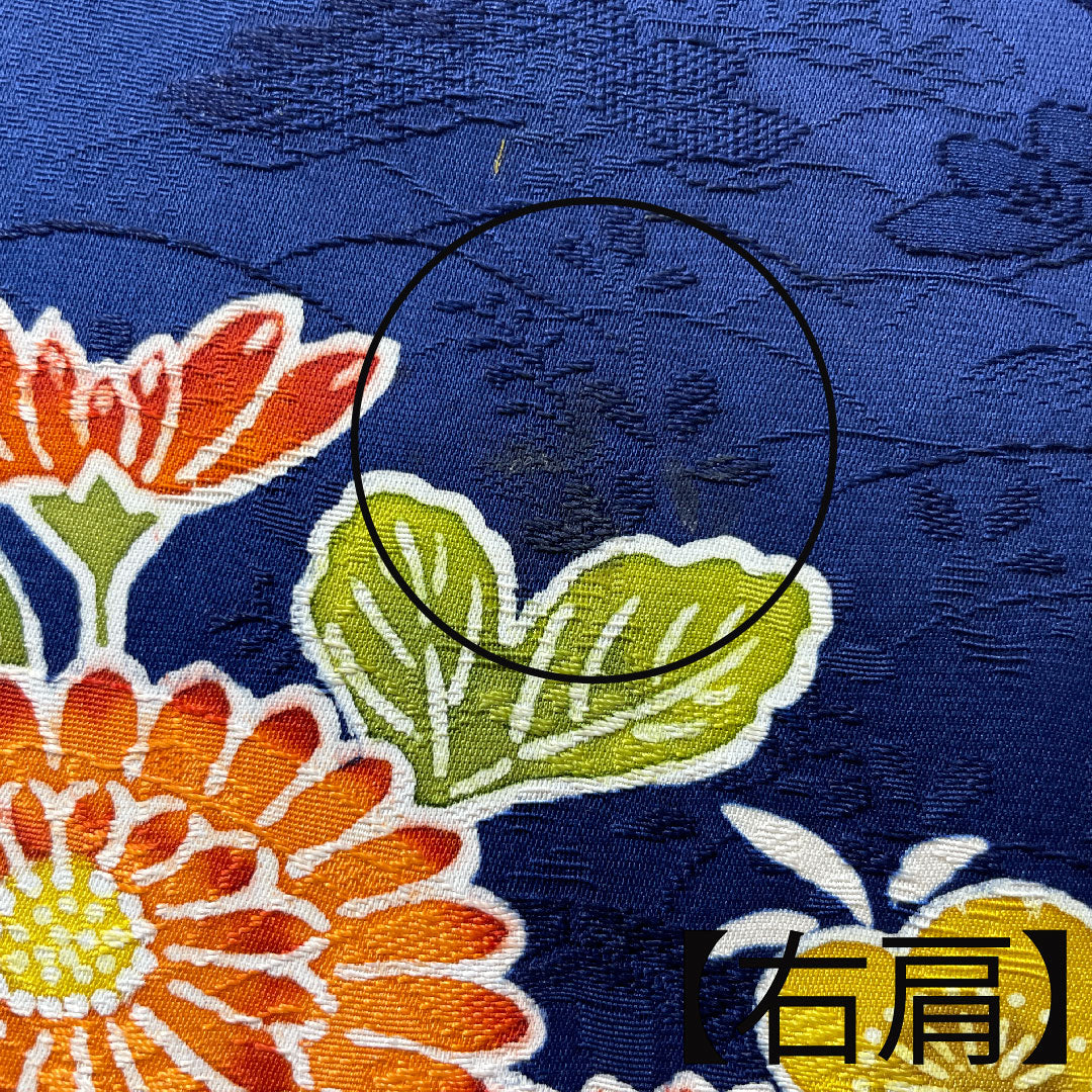 Homongi, pure silk, lined, length 168cm, sleeve length 63.5cm, deep bellflower color, Kyoto Yuzen, chrysanthemum, plum, A rank, navy blue, 1112003393518