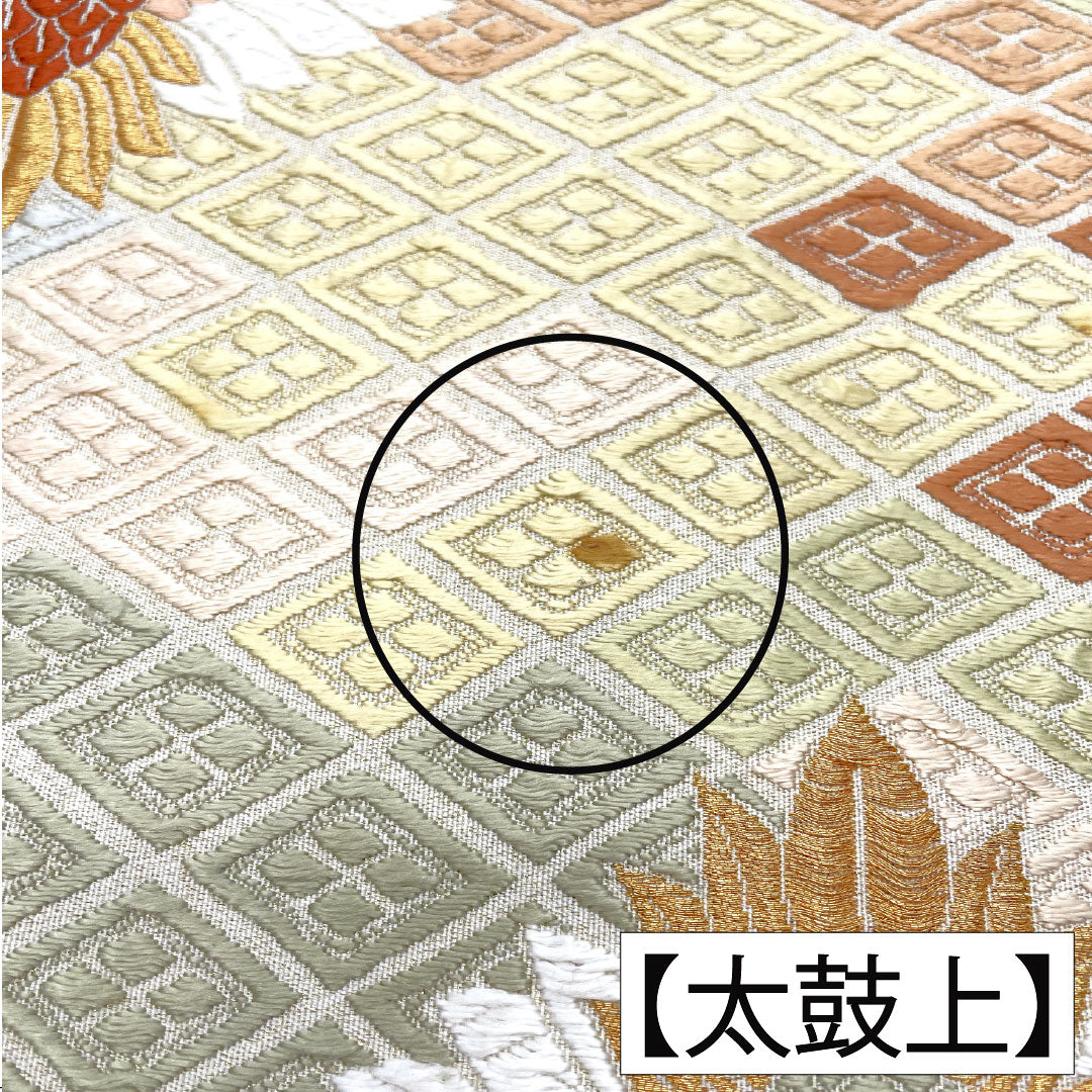 A-Rank Pure Silk Fukuro Obi (Sash) in Sobakiri (Soba-kiri Color) with Nishijin-ori (Karaori) Weave, Facing Cranes and Tortoise Shell Pattern, Length 434cm, Six-Pass, Formal, Beige, Product Number: 1123016063325