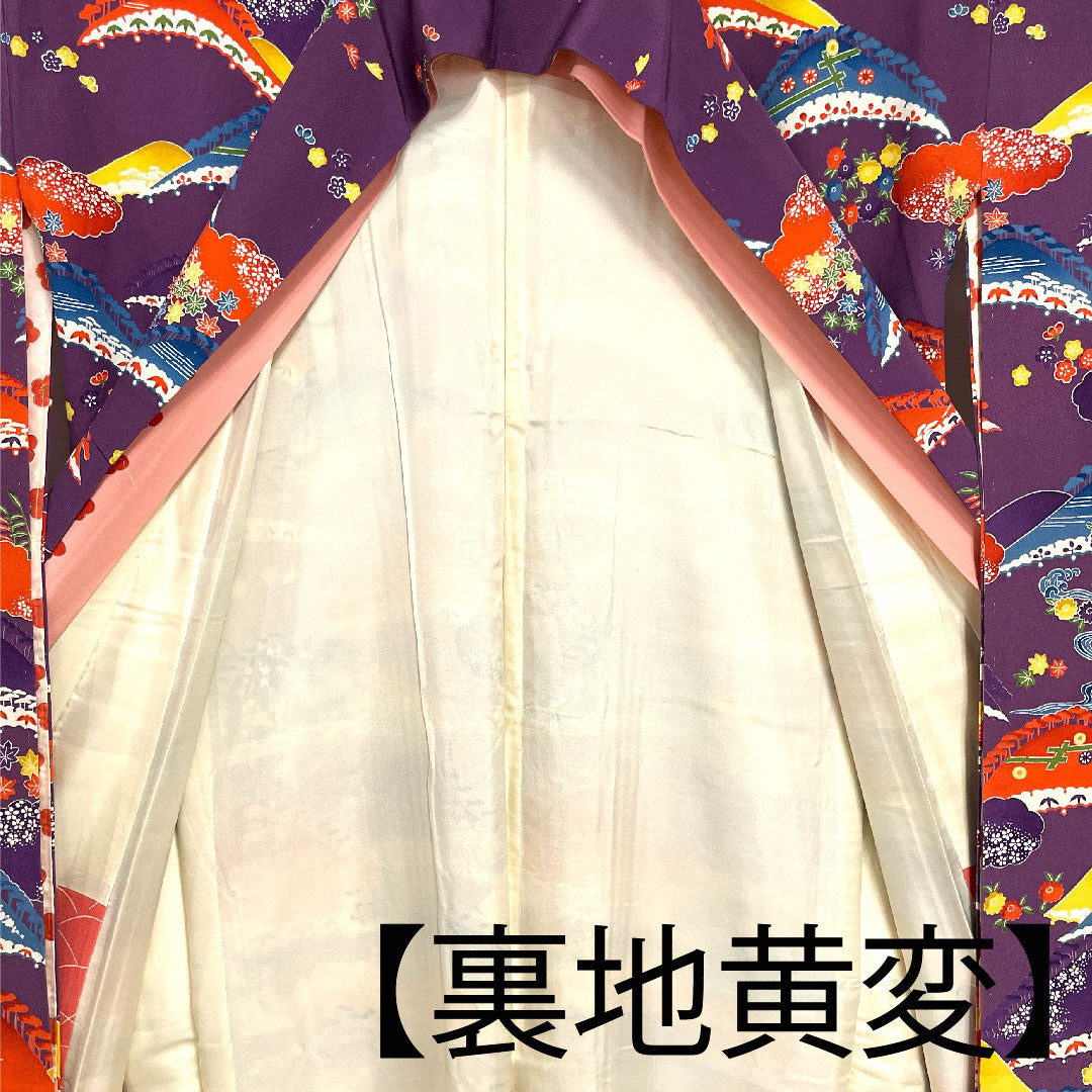 振袖 身丈155cm 裄丈63cm 袷  織葡萄色 型染 遠山 草花模様  正絹 Aランク 紫系 1113000923320