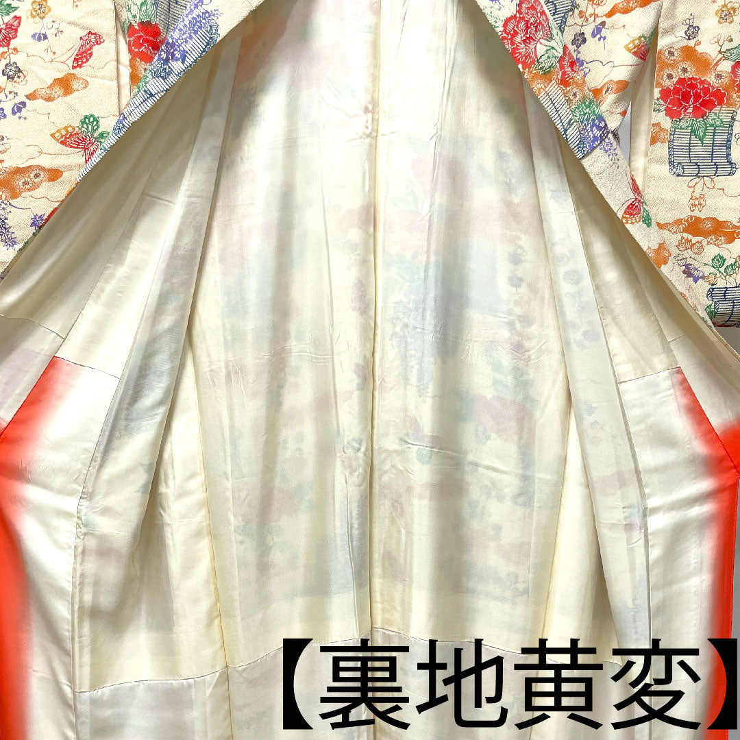 小紋 正絹 身丈161.5cm 裄丈65cm 袷  鳥の子色 型染 草花模様  Sランク クリーム系 1115003762415
