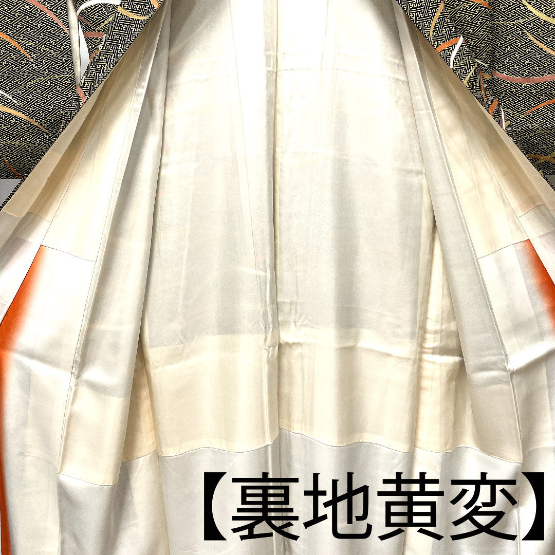 Komon Length 156.5cm Sleeve length 61.5cm Awase Sayagata Shiba grass Pure silk A rank Black 1115002683310