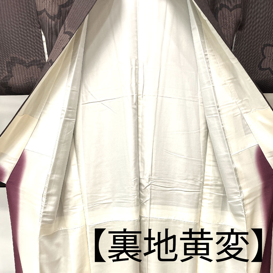 小紋 身丈154.5cm 裄丈62.5cm 袷 高田勝謹製 紅消鼠色 型染 桜  正絹 Sランク 茶系 1115002752214