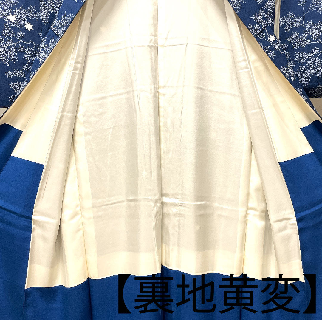小紋 身丈158cm 裄丈59cm 袷  紺鉄色 紅葉  正絹 Aランク 紺系 1115002693318