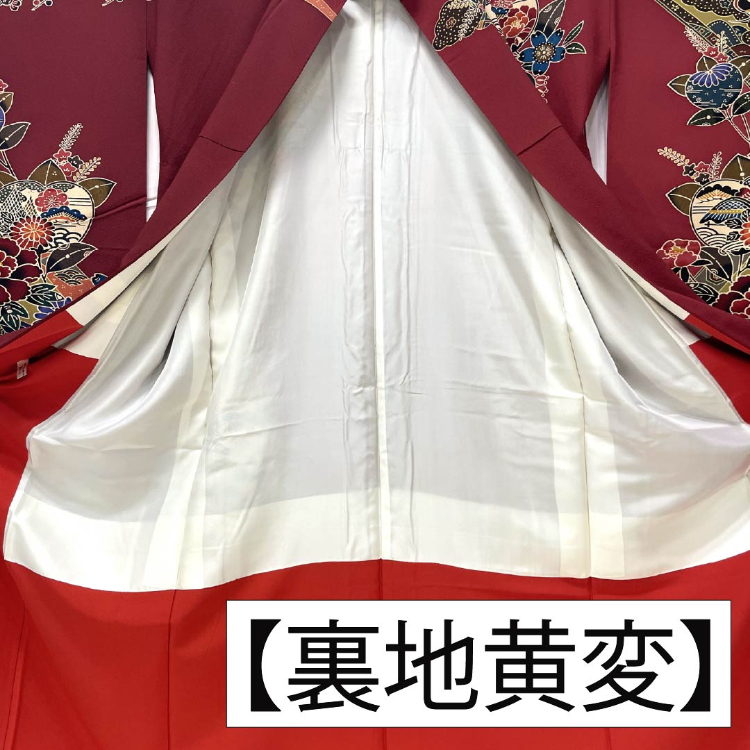 Kimono (Furisode) Pure Silk A Rank, Length 164.5cm, Sleeve-to-sleeve 67.5cm, Lined, Oxblood Red, Kyo-Bingata, Auspicious Motifs, Yume Guard Processed, Red tones, 1113002923412