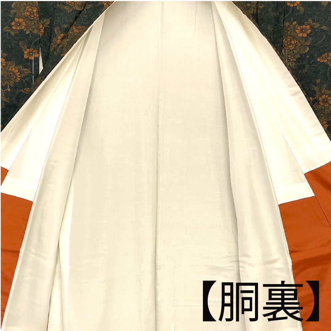 Komon, Length 164.5cm, Sleeve length 65cm, Awase, Hand-woven pongee, Flower pattern, Pure silk, S rank, Green, 1115000562419