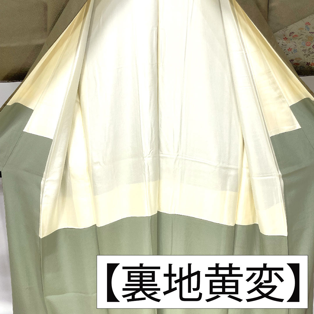 Homongi, pure silk, lined, length 154cm, sleeve length 63cm, kobi chairo (light brown), floral pattern, with basting thread, A rank, green, 1112004523219