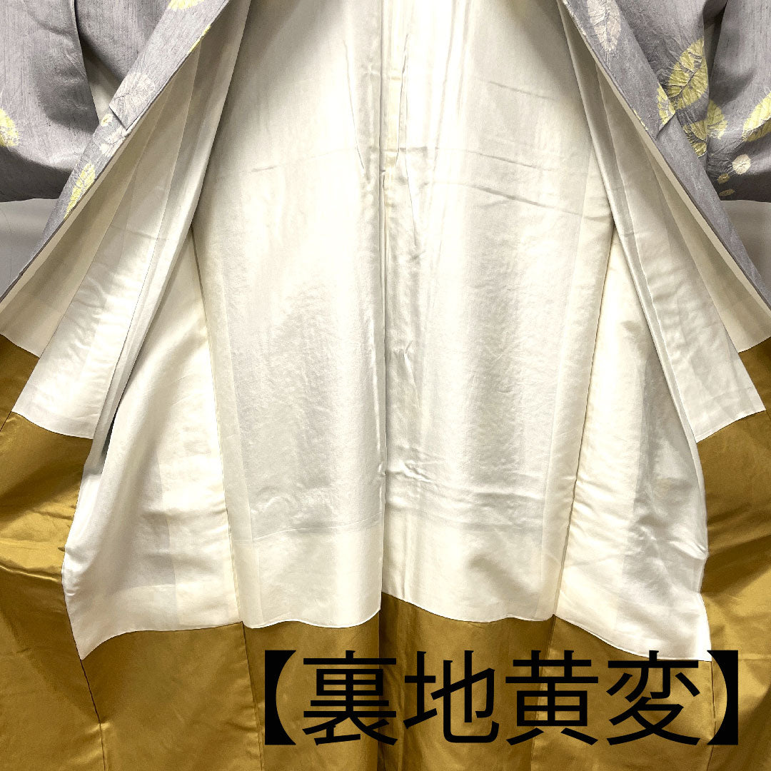 小紋 身丈154.5cm 裄丈62.5cm 袷  銀灰色 紬地 絞り 葉っぱ  正絹 Sランク グレー系 1115003242222