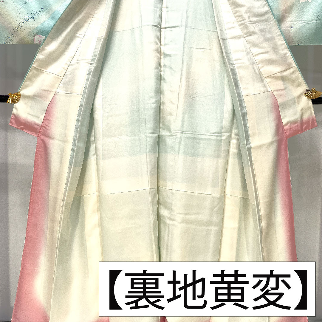 Komon, pure silk, length 157cm, sleeve length 63cm, lined, abstract flower, silver glaze finish, S rank, light blue, 1115004902324