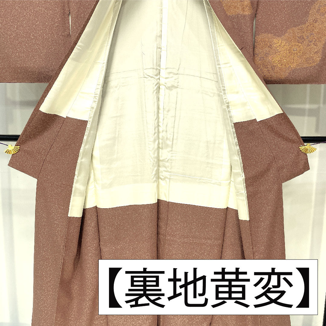 訪問着 正絹 袷 身丈153cm 裄丈63cm 小豆鼠色（あずきねずいろ） 草花模様 部分刺繡 Sランク 茶系 1112005752214