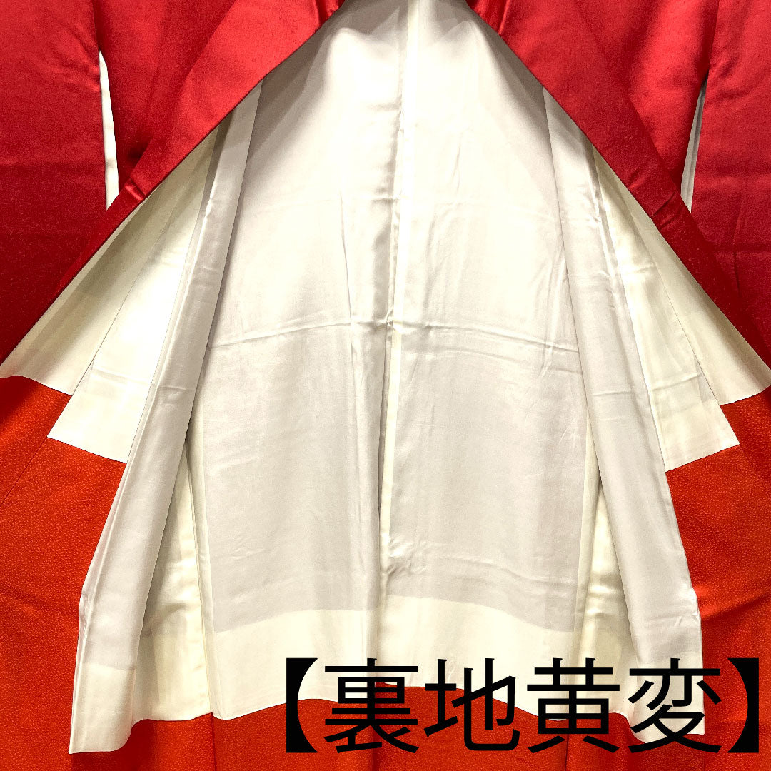 振袖 身丈153.5cm 裄丈63cm 袷  赤紅色 京友禅 草花模様  正絹 Aランク 赤系 1113001523212