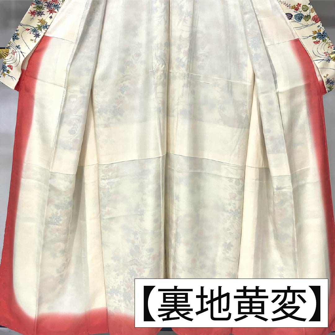 Komon, pure silk, length 158.5cm, sleeve length 64cm, lined, Neriiro (Neri-iro), stencil dyeing, Bingata style, Chayatsuji, A rank, cream color, 1115005103315