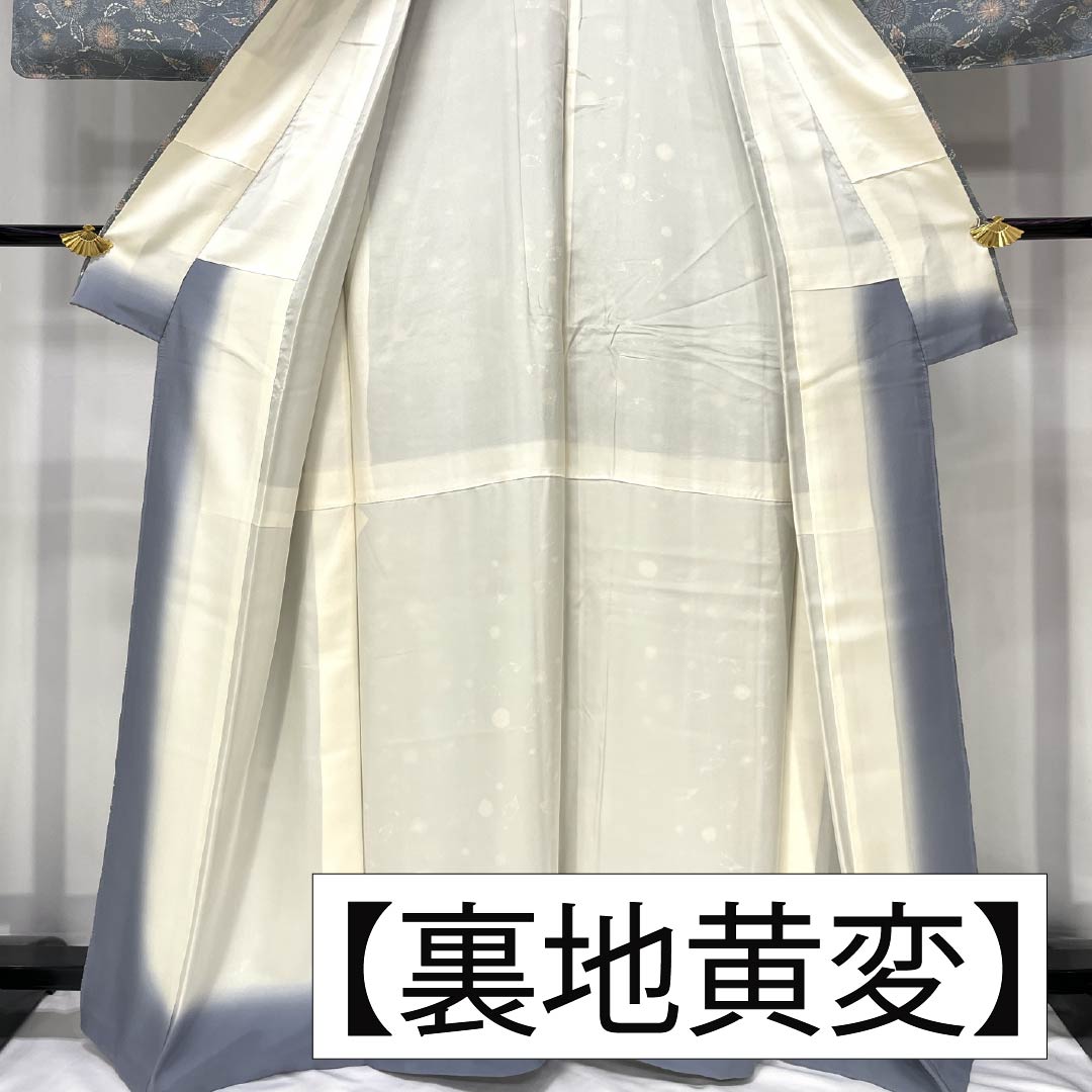 小紋 正絹 Sランク 身丈165cm 裄丈66cm 袷 湊鼠色（みなとねずいろ） 型染 ちりめん地 草木模様  青系 1115007382517