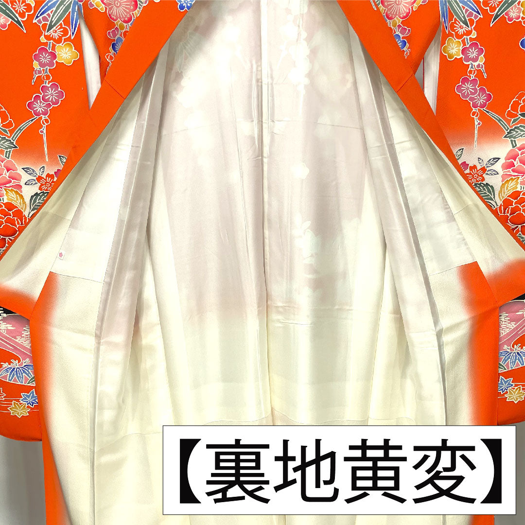 Furisode (long-sleeved kimono) made of pure silk, length 162.5cm, sleeve length 63.5cm, lined, silver-vermilion, Kyoto Bingata, auspicious motif, S rank, vermilion, 1113002112416
