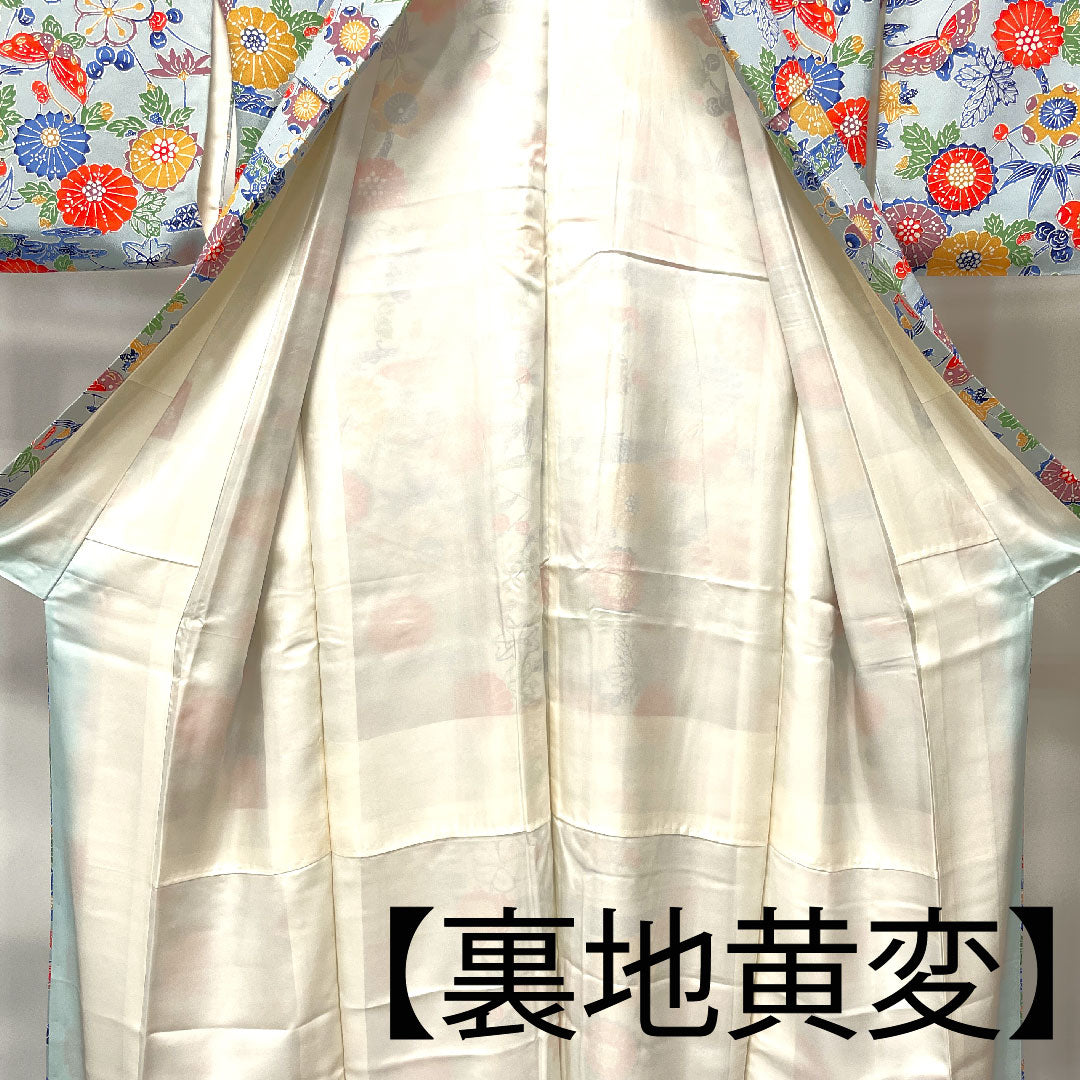 小紋 身丈160cm 裄丈64cm 袷  藍白色 京紅型 蝶 菊  正絹 Aランク 青系 1115003163417