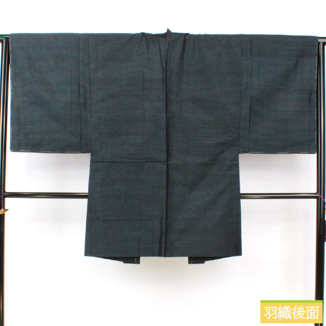 Men's silk S-rank kimono, length 141.5cm, sleeve length 64cm, Oshima Tsumugi with double-patterned horizontal kasuri pattern, basting threads included, lined, navy blue, product number 1119001732418