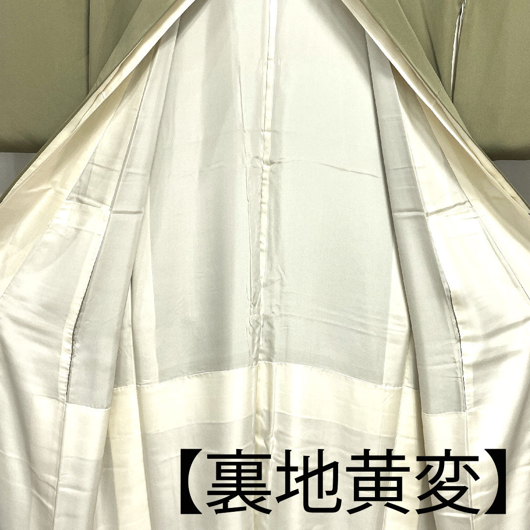 色留袖 身丈150cm 裄丈64.5cm 袷 蝋色 京友禅 松 丸に剣片喰 正絹 Aランク 三つ紋 緑系 1111000493119
