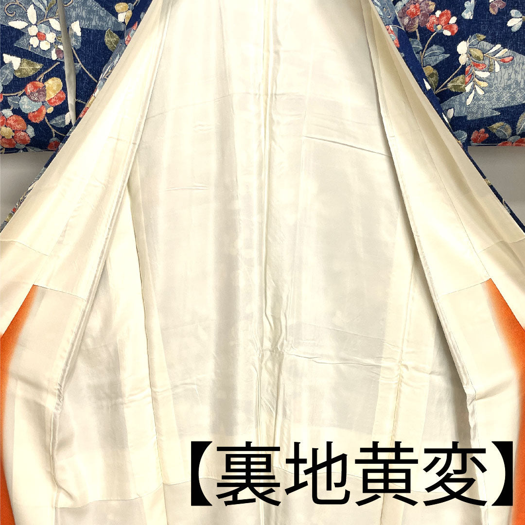 小紋 身丈158cm 裄丈64cm 袷  紺桔梗色 草花模様  正絹 Sランク 紺系 1115002512318