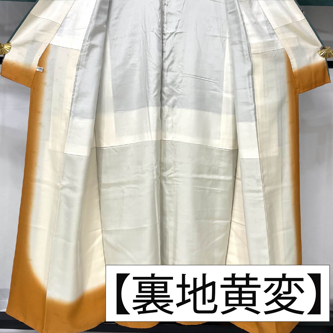 Komon, pure silk, length 152.5cm, sleeve length 64.5cm, lined, Yamaaizuuriiro (Yamaaizuri-iro), stencil dyeing, noshi (Japanese traditional wrapping paper), floral pattern, Scotchgard, B rank, green, 1115005484219