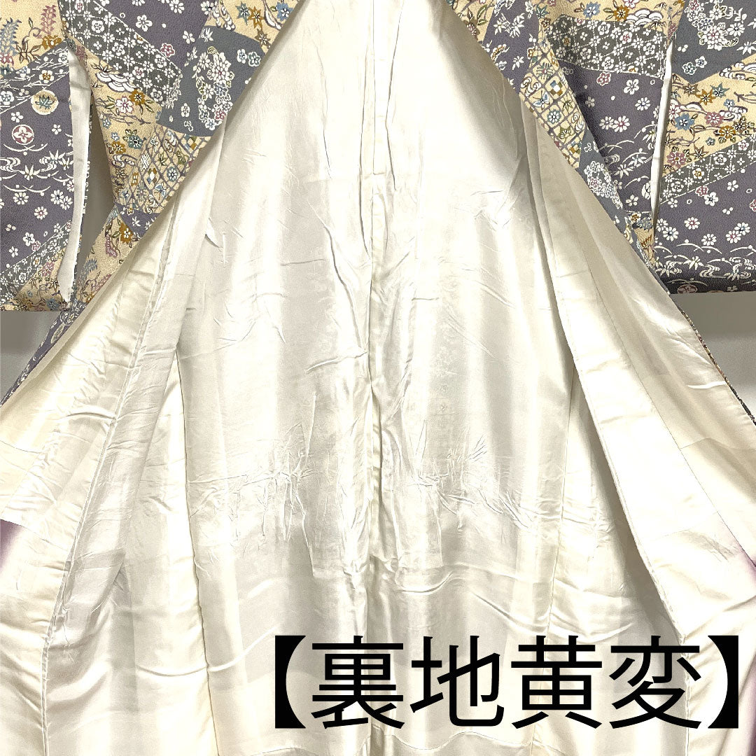 小紋 身丈160.5cm 裄丈62cm 袷 燻銀色 麴色 京紅型  正絹 Aランク グレー系 1115002453422