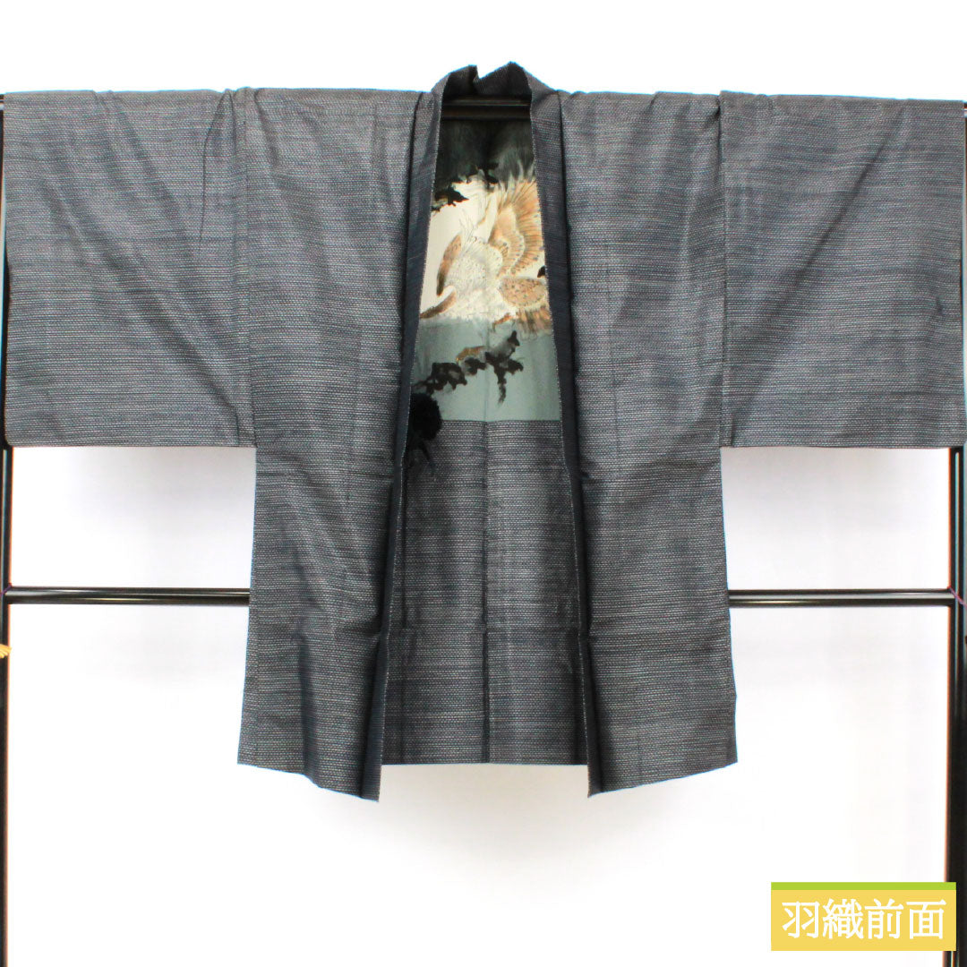Men's Pure Silk A-Rank Oshima Tsumugi Kimono, Length 147cm, Sleeve Length 68cm, Double Kasuri Pattern, with Haori Cord, Navy Blue, Item Number 1119001603418