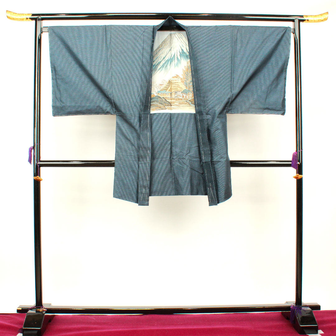 Men's Length 142.5cm Sleeve length 66.5cm Oshima Tsumugi ensemble Warp and weft ikat Pure silk S rank Awase Navy blue 1119000482418