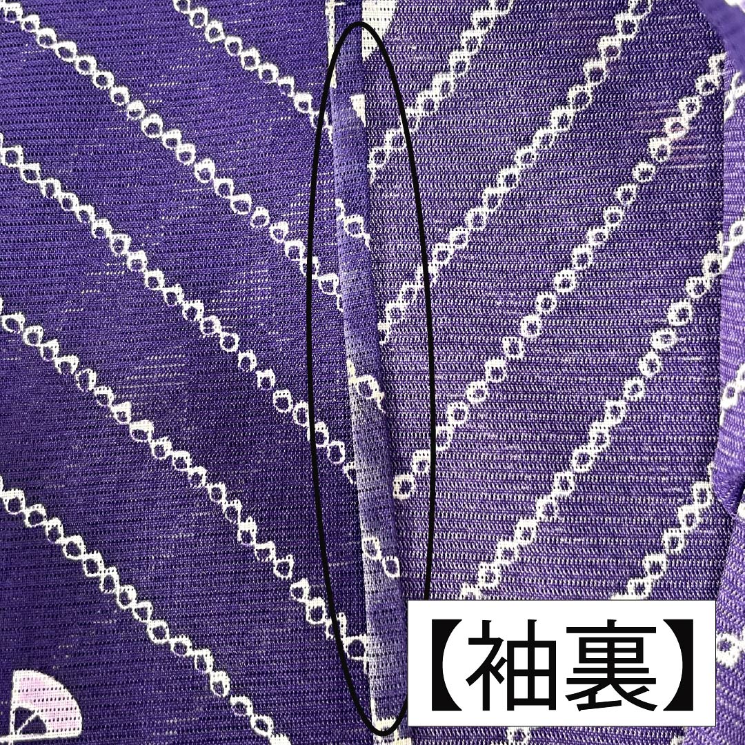 夏物 ポリエステル 小紋 身丈160.5cm 裄丈65cm 菫色（すみれいろ） 扇面 洗える着物 絽 Aランク 紫系 1132002543420