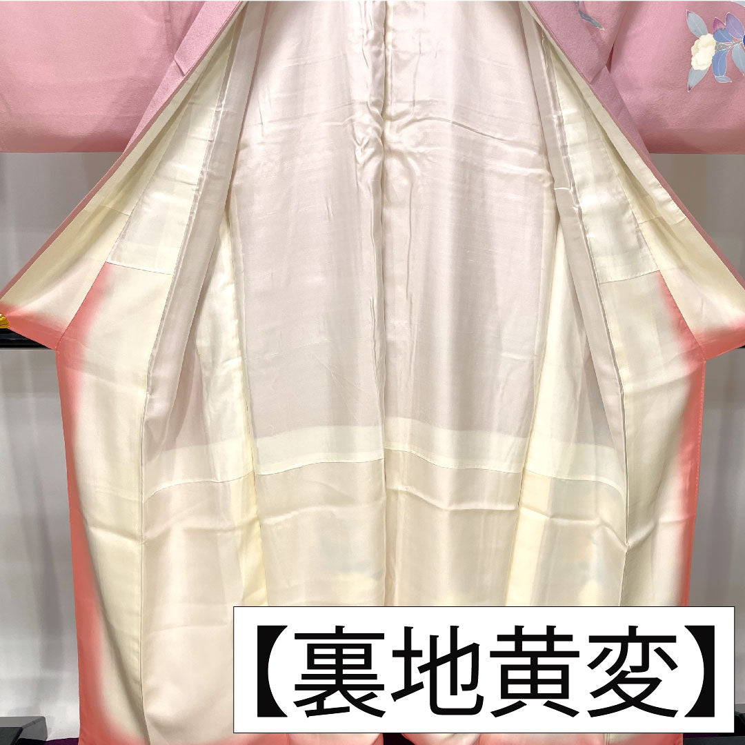 Homongi, pure silk, lined, length 155cm, sleeve length 63.5cm, Gosho-zomeiro, floral pattern, A rank, pink, 1112004223313