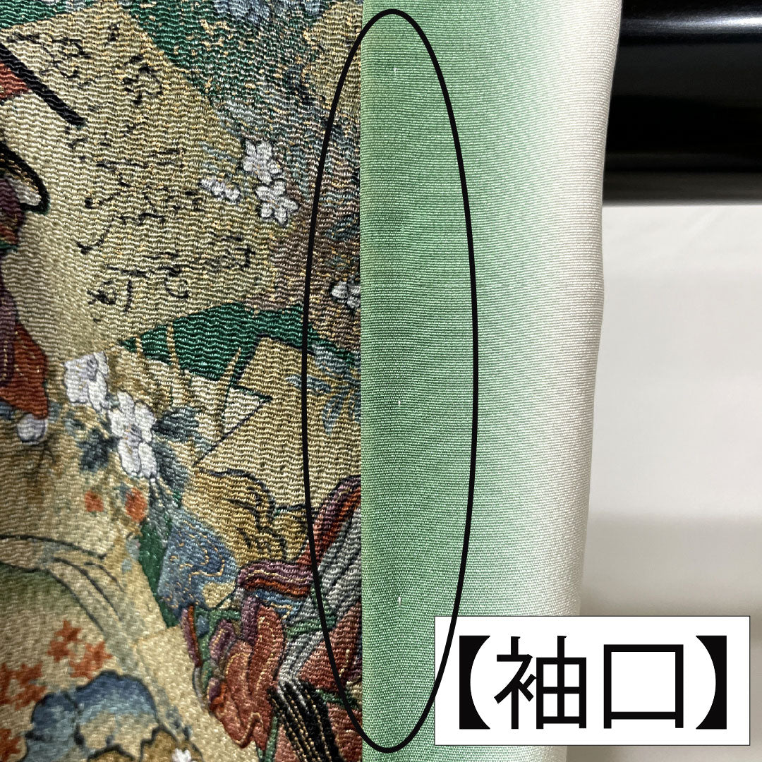 小紋 正絹 Sランク 身丈166cm 裄丈66cm 袷 柚葉色（ゆばいろ） ちりめん地 百人一首 緑系 1115007652519