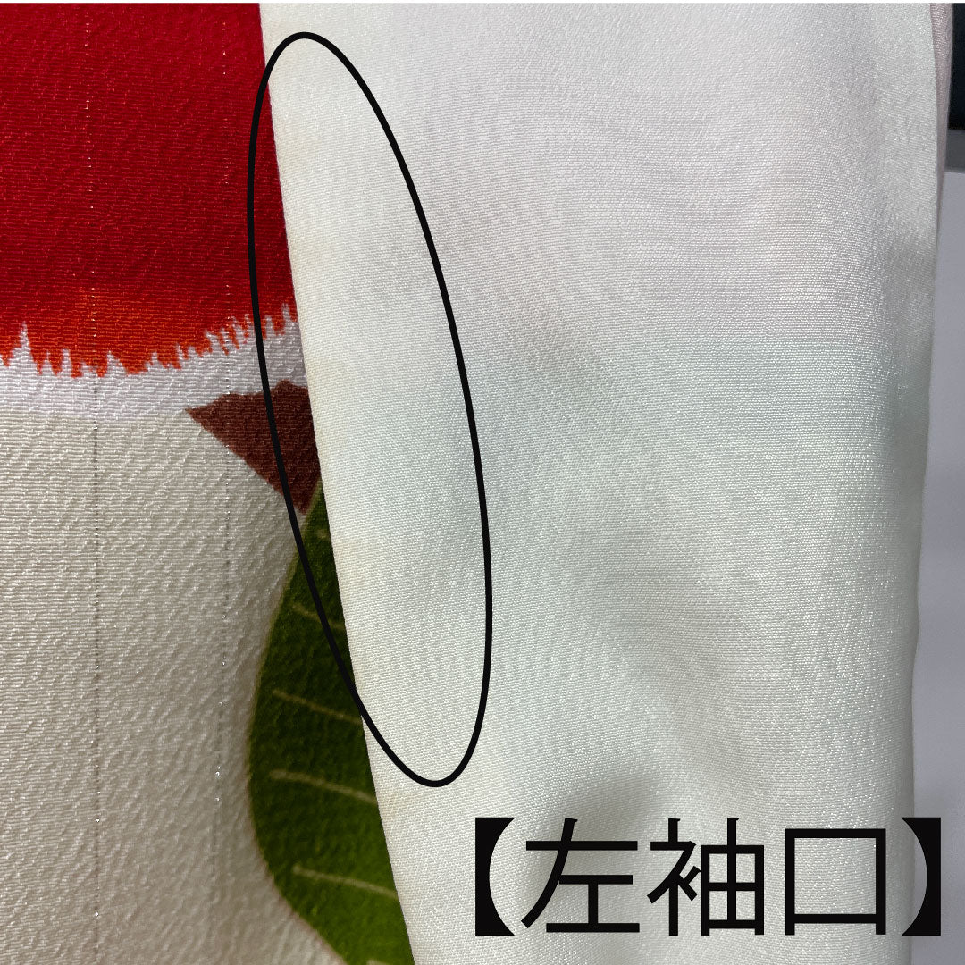 振袖 身丈170cm 裄丈65.5cm 袷  生成り色 洗える着物 椿  ポリ Aランク 白系 1113001413611