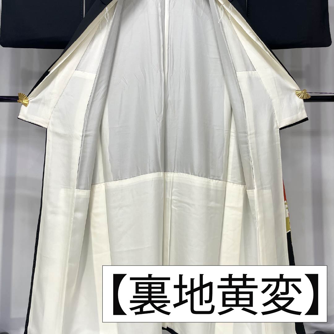 Black Tomesode (Japanese Kimono) - Pure Silk, Grade A, Length 155.5cm, Sleeve Length 63cm, Lined, Kyoto Yuzen, Five Crests, Gosan Paulownia, Auspicious Motifs, Imperial Carriage, Chaya-tsuji, Five Crests, Black, Item Number 1111001943310