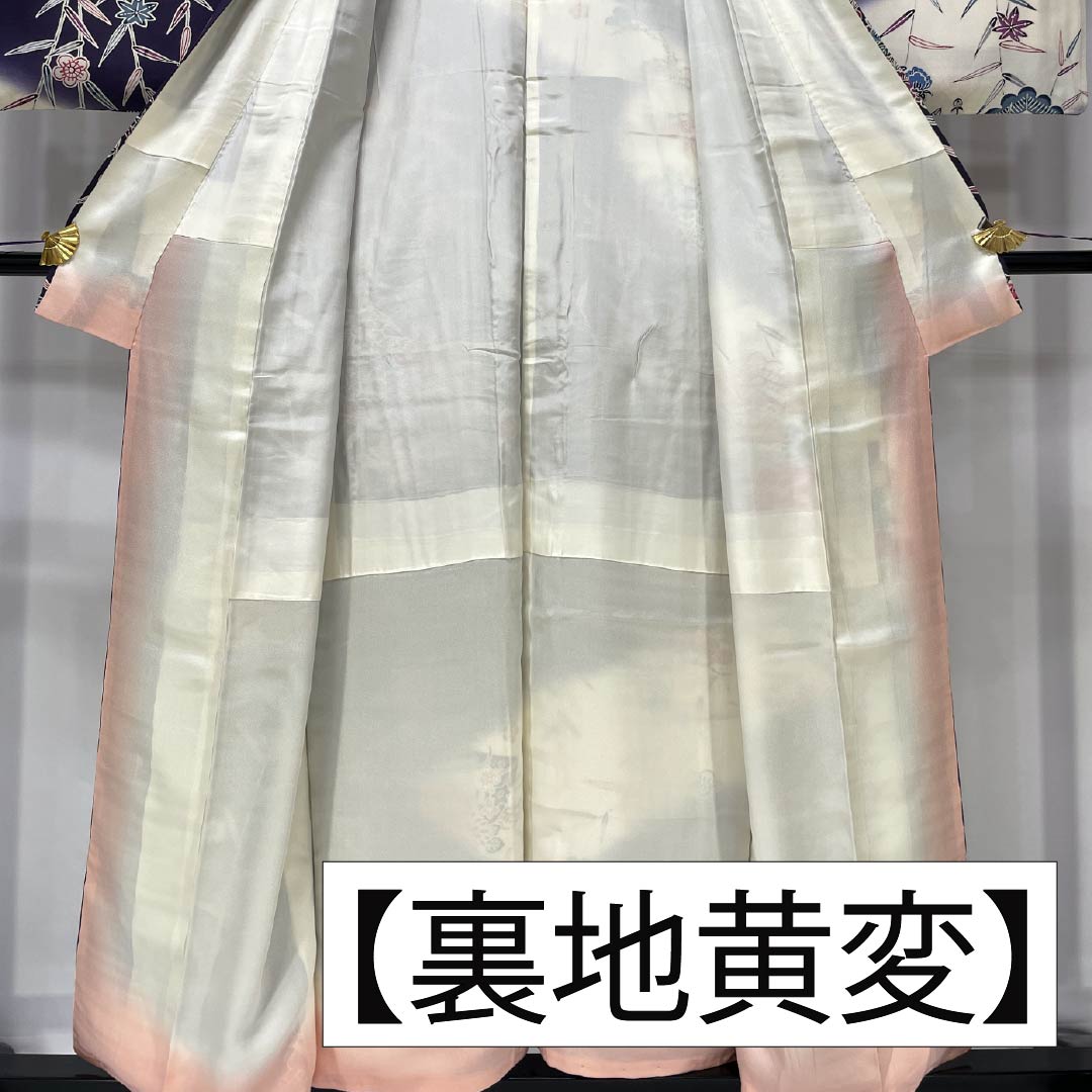 Homongi Silk A Rank Awase 155.5cm Length 62cm Sleeve-to-sleeve Deep Purple Kyo-Bingata Pine, Bamboo, Plum, Butterfly, Fan, Chrysanthemum Purple System 1112006403320