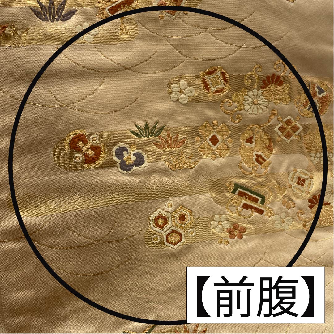 Fukuro Obi (Sash) made of pure silk, walnut color, for Tomesode, Treasures, Flower Arabesque pattern, Length 430cm, S rank, Six-pass, Formal, Beige, 1123013582325