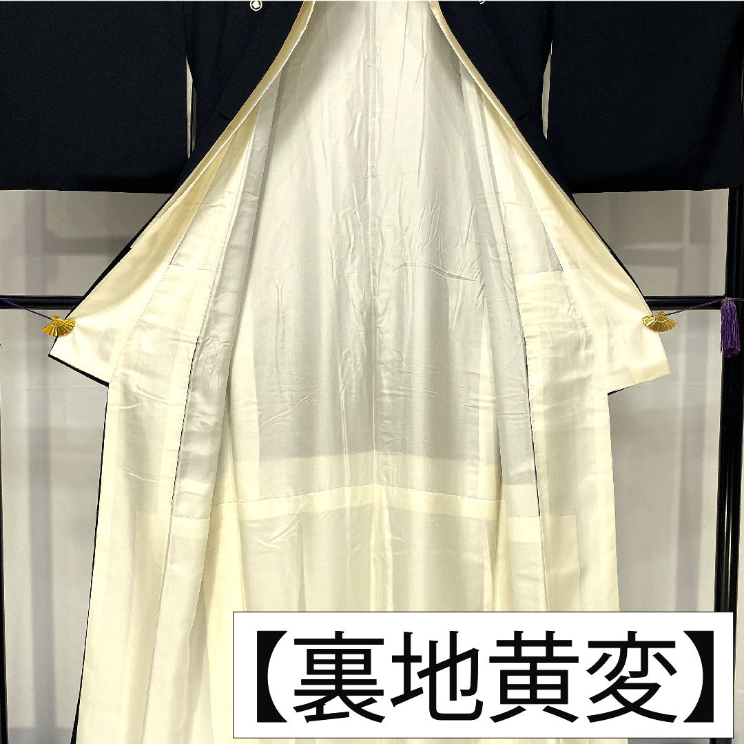 黒留袖 正絹 身丈160cm 裄丈65cm 袷 京友禅 熨斗 鶴 五つ紋 丸に三階菱 三松シルクケア Sランク 黒系 1111001532410