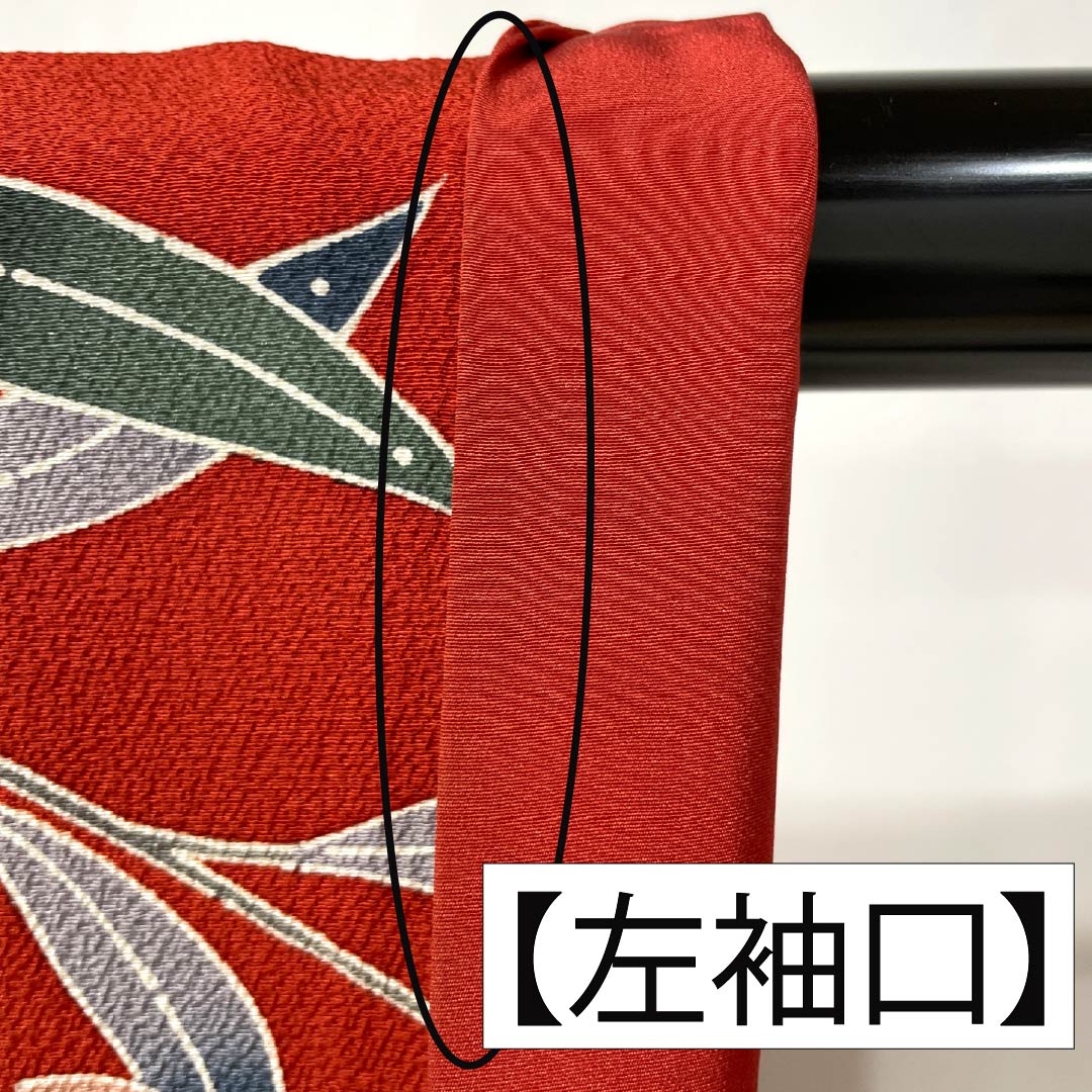 Furisode (long-sleeved kimono) made of pure silk, S-rank, length 167cm, sleeve length 66cm, lined, red, Kyoto Bingata (dyed dye) pattern, auspicious motifs of butterflies, tangerines, and reddish tones, product number 1113002322512