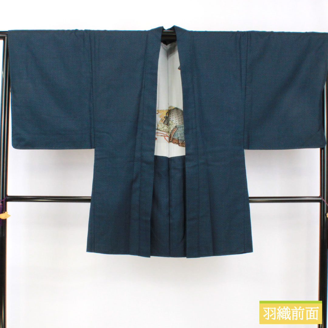 Men's Pure Silk A-Rank Kimono, Length 140cm, Sleeve Length 67.5cm, Tsumugi Pongee with Tortoiseshell Pattern, Lined, Blue, Item Number 1119001773417