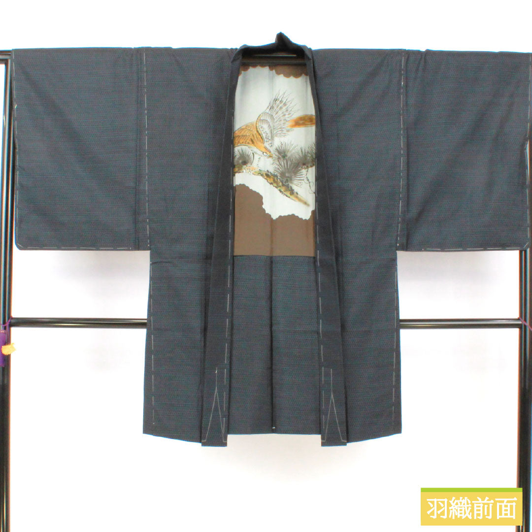 男物 正絹 Sランク 身丈144cm 裄丈67cm 大島紬 横双絣 しつけ糸付き 袷 紺系 1119001762418