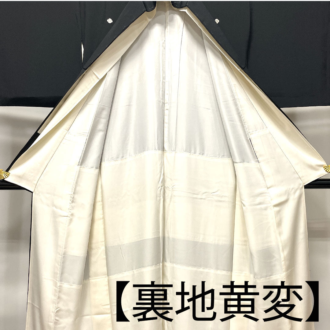 Black formal kimono, length 156.5cm, sleeve length 61cm, lined, Kyoto Yuzen, pine, bamboo, plum, quince, pure silk, S rank, five crests, black, 1111000682310