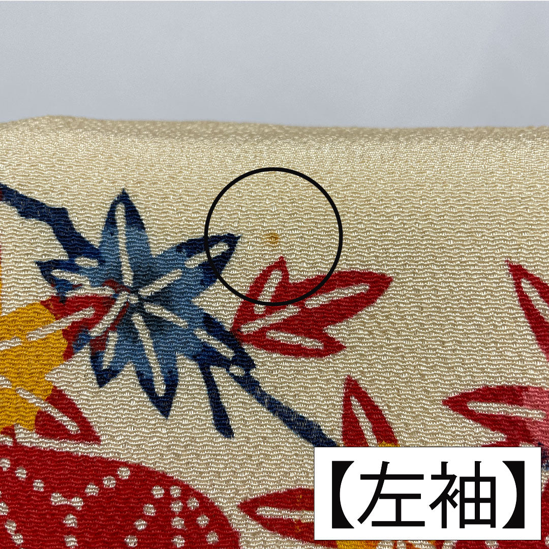 訪問着 正絹 袷 身丈158.5cm 裄丈65cm 密陀僧色（みつだそういろ） 京紅型 紅葉 鳥 Aランク クリーム系 1112005943315