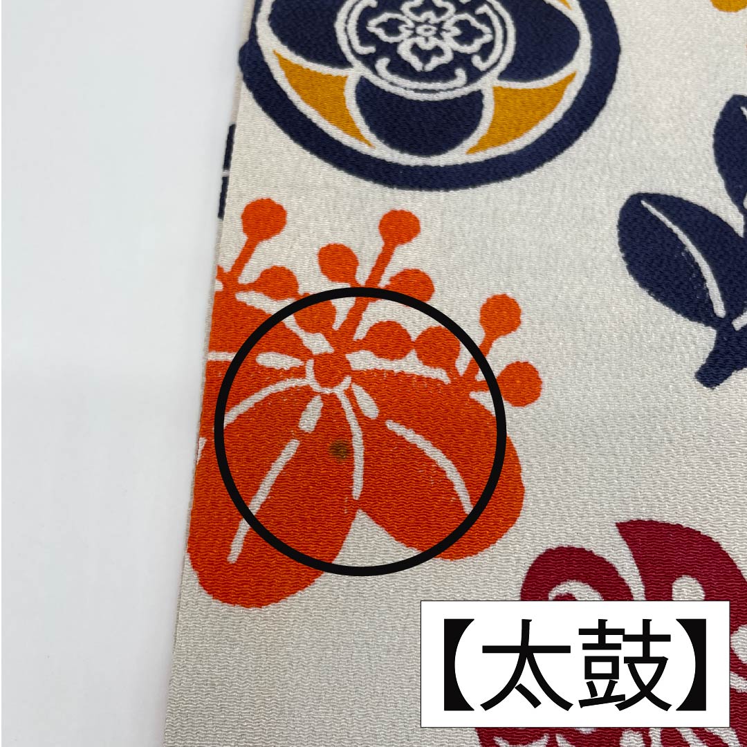 名古屋帯 胡粉色（ごふんいろ） 型染 ちりめん地 丸に紋 帯丈354cm 正絹 Aランク ポイント柄 カジュアル クリーム系 1124008163315 名古屋仕立て
