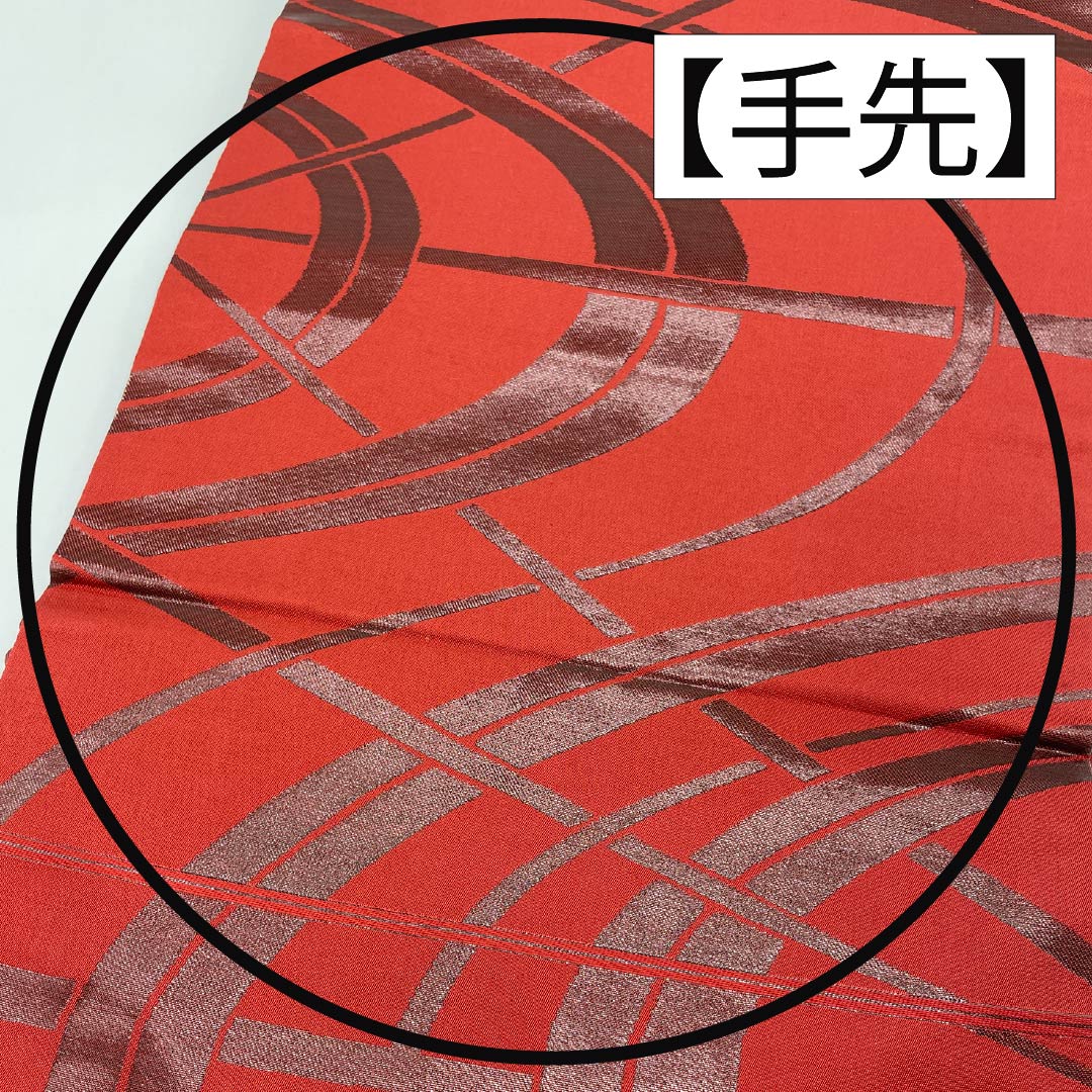 名古屋帯 正絹 Sランク 生臙脂色（しょうえんじいろ） うるし箔 番傘 帯丈353cm 六通 カジュアル 朱系 1124010502316 名古屋仕立て
